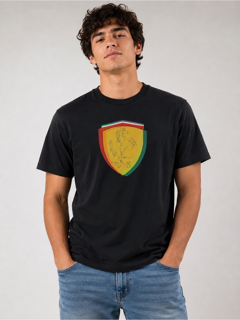 Ferrari Black T shirt with Yellow Shield Emblem